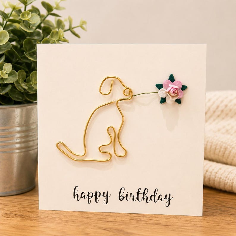 Tarjeta de cumpleaños hecha a mano con diseño de un labrador: perro de alambre con flor de papel. imagen 3