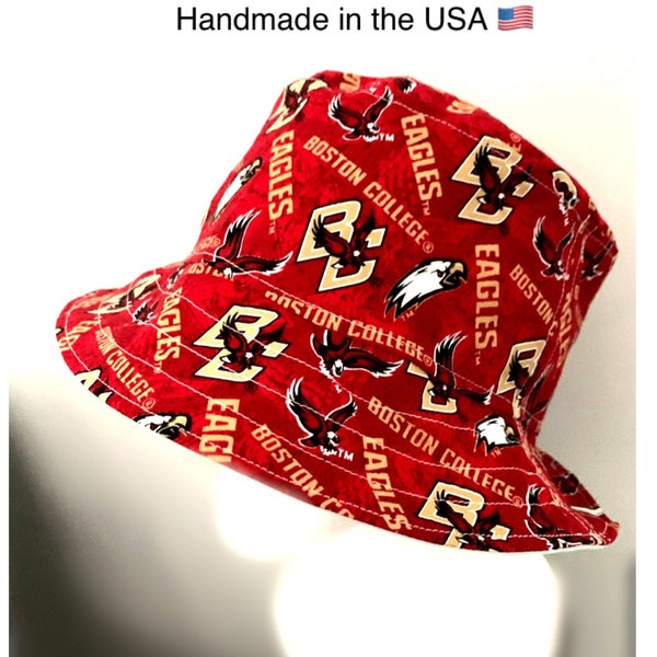 Bucket Hat made from Boston College fabric. Made-to-order sizes: XSmall, Small, Medium, Large, XL. 100% cotton. Reversible.