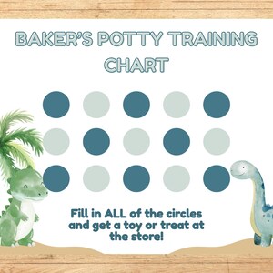May include: A printable potty training chart featuring a dinosaur and a palm tree design. The chart has 18 circles to colour in, with the text "BAKER'S POTTY TRAINING CHART" at the top and "Fill in ALL of the circles and get a toy or treat at the store!" at the bottom.