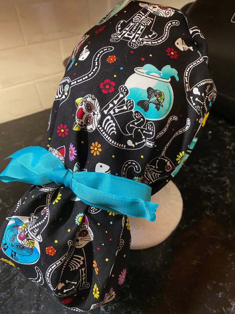 Cat Scrub Hat-Cat Skeleton Scrub Cap-Cat Surgical Cap-Ponytail Scrub Hat-Sugar Skull Scrub Hat-Cat-Skeleton Scrub Cap-Sugar Skull Scrub Cap