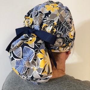 Women&#39;s Scrub Cap-Ponytail Scrub Cap- Floral Scrub Hat -Ponytail Scrub Hat -Yellow and Blue Flowers Scrub Cap- Floral Surgical Scrub Cap