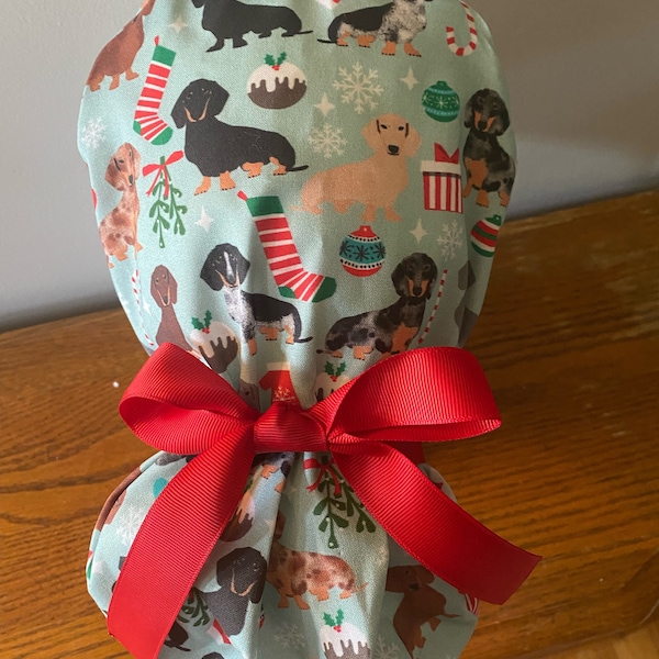 Dachshund Scrub Cap- Dachshund Christmas Scrub Hat- Dachshund OR Surgical Cap-Ponytail Scrub Cap- Dog OR Cap- Christmas Scrub Cap-Weiner Dog