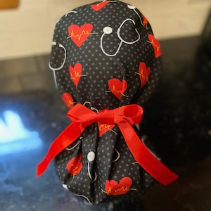 Heart EKG Stethoscope Scrub Cap-EKG Stethoscope Scrub Hat-Ponytail Scrub Hat-Heart Stethoscope Scrub Cap -Women&#39;s Scrub Cap-Heart Scrub Cap