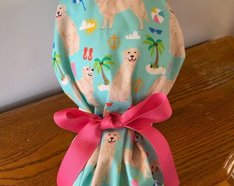Golden Retriever Scrub Hat-Dog Scrub Cap-Beach Fun Scrub Cap- Ponytail Scrub Hat-Women's Scrub Hat-Women's Scrub Cap-ID Badge Holder