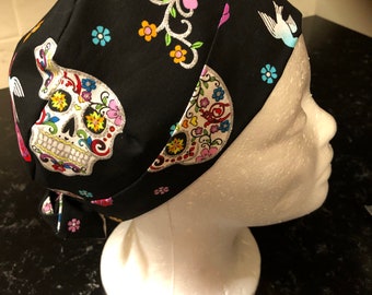 Day of the Dead Sugar Skulls on Black 100% Cotton Bouffant Style Scrub Hat/Cap Day of the Dead Sugar Skulls on Black 100% Cotton Bouffant Style Scrub Hat/Cap