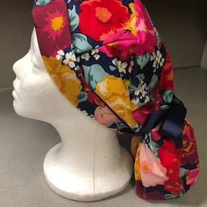 Large Flowers on Navy Scrub Hat- PonyTail Scrub Cap for Women-Surgical Scrub Hat- Ready to Ship-Add Buttons-Free Shipping- Pick Ribbon Color