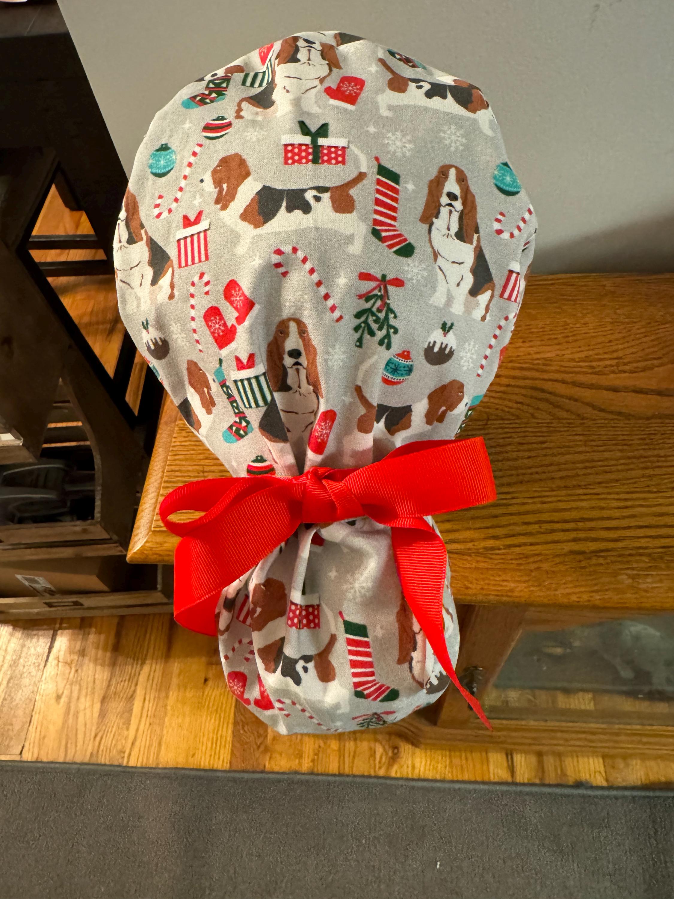Basset Hound Christmas Scrub Cap-Basset Hound Scrub Cap-OR Scrub Cap-Dog OR Scrub Cap-Ponytail Scrub Cap- Basset Hound Surgical Cap-