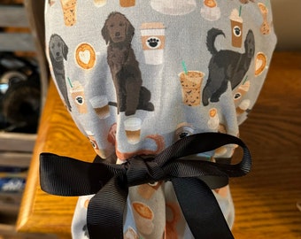 Goldendoddle Coffee Scrub Hat-Dog Scrub Cap-Ponytail Scrub Hat-Nursing Scrub Hat-Women's Scrub Hat-Women's Scrub Cap-Add Satin Lining