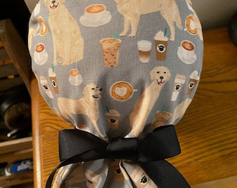 Golden Retriever Coffee Scrub Hat-Dog Scrub Cap-Ponytail Scrub Hat-Nursing Scrub Hat-Women's Scrub Hat-Women's Scrub Cap-Add Satin Lining