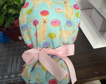 Golden Retriever Donut Scrub Hat-Dog Scrub Cap-Ponytail Scrub Hat-Nurse Cap-Nursing Hat-Women's Scrub Cap- Donut Scrub Cap- Add Satin Lining