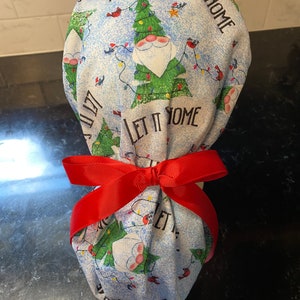 Gnome Let it Snow Scrub Cap- Gnome Scrub Cap- Christmas Scrub Cap- Let It Snow Scrub Cap- Ponytail Scrub Cap-Gnome OR Scrub Cap