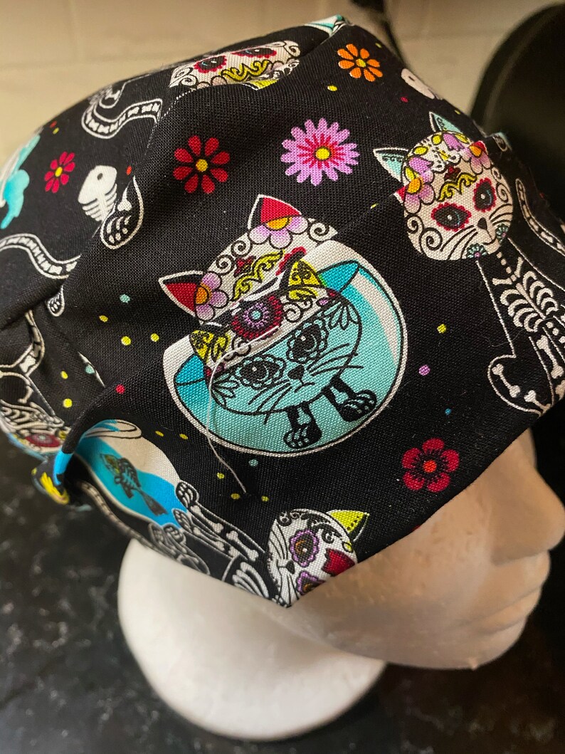 Cat Scrub Hat-Cat Skeleton Scrub Cap-Cat Surgical Cap-Ponytail Scrub Hat-Sugar Skull Scrub Hat-Cat-Skeleton Scrub Cap-Sugar Skull Scrub Cap