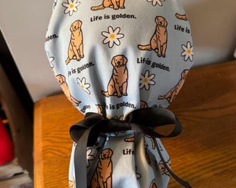 Golden Retriever Scrub Hat-Life is Golden Scrub Cap-Ponytail Scrub Hat-Nursing Hat-Women's Scrub Cap-ID Badge Holder-Stethoscope Cover