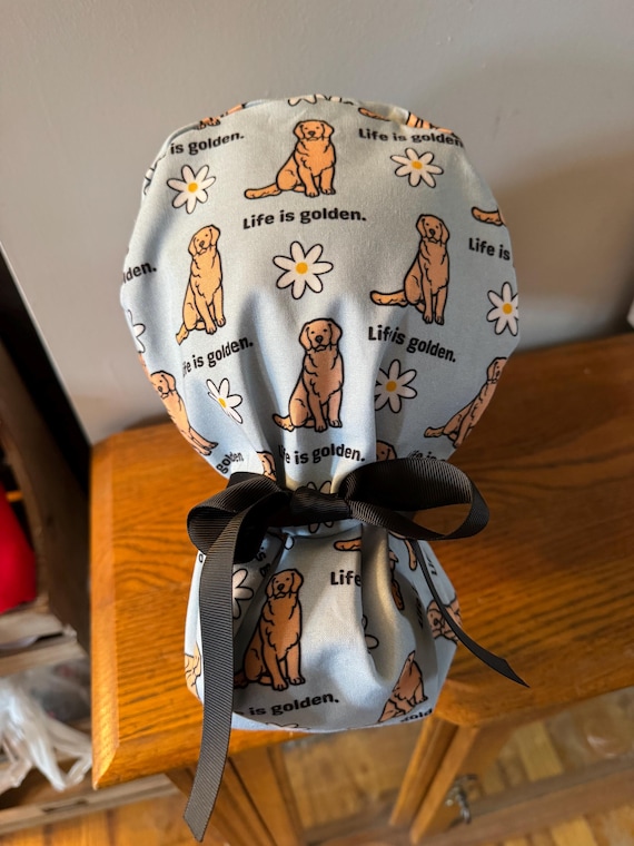 Golden Retriever Scrub Hat-Life is Golden Scrub Cap-Ponytail Scrub Hat-Nursing Hat-Women's Scrub Cap-ID Badge Holder-Stethoscope Cover