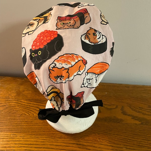 Sushi Cat Scrub Cap-Tieback Scrub Cap-Sushi Cat OR Scrub Cap -Unisex Scrub Cap- Surgical Scrub Cap-