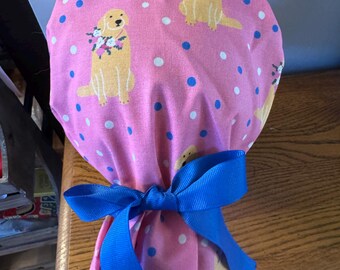 Golden Retriever Scrub Hat-Pink Retriever Scrub Cap-Ponytail Scrub Hat-Euro Scrub Cap-Women's Scrub Cap-Golden Retriever ID Badge Holder