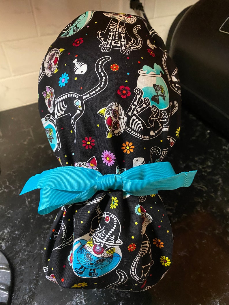Cat Scrub Hat-Cat Skeleton Scrub Cap-Cat Surgical Cap-Ponytail Scrub Hat-Sugar Skull Scrub Hat-Cat-Skeleton Scrub Cap-Sugar Skull Scrub Cap