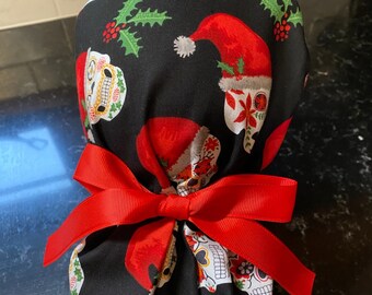 Sugar Skull Scrub Cap- Santa Sugar Skull Scrub Hat- Christmas Sugar Skull Scrub Cap-Ponytail Scrub Hat-Christmas Candy Skull OR Scrub Cap