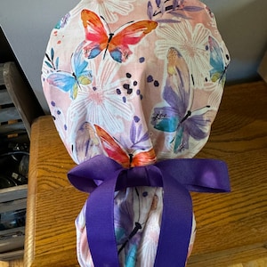 Butterfly Ponytail Scrub Hat-Butterfly Scrub Hat-OR Scrub Cap-Surgical Cap-Turquoise Butterflies Scrub Cap-Purple Butterfly Scrub Cap