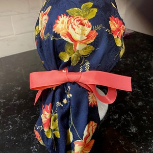 Pink Roses on Navy Scrub Hat- Floral PonyTail Scrub Cap for Women -Scrub Hat- Scrub Cap-Floral Surgical Cap-Pick Ribbon Color--Add Buttons
