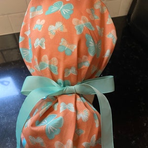 Butterfly Ponytail Scrub Hat-Butterfly Scrub Hat- OR Butterfly Scrub Cap-Surgical Cap-Turquoise Butterflies on Coral Scrub Cap