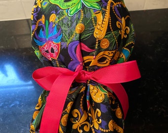 Mardi Gras Scrub Cap-New Orleans  Scrub Cap-Mardi Gras Surgical Cap-Ponytail  Scrub Cap -New Orleans OR Scrub Cap-Nursing Scrub Cap- Buttons