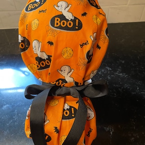 Ghost Ponytail Scrub Cap- Halloween Scrub Cap- OR Surgical Scrub Cap- Ghost Scrub Hat-Add Buttons- Ready to ship
