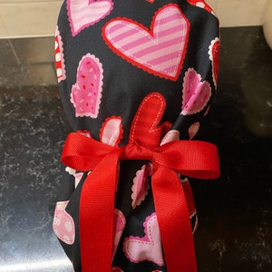 Valentines Scrub Cap-Heart Scrub Cap- Valentine&#39;s Day Scrub Hat- Valentines Surgery Cap- Women&#39;s Ponytail Scrub Cap- XOXO Scrub Cap-