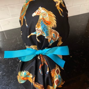 Satin Lined Horse Scrub Cap- Horse Scrub Hat-Surgical Hat-Nursing Cap- Ponytail Scrub Hat- Nurse Cap-Surgery Cap-Southwest Horse Scrub Cap