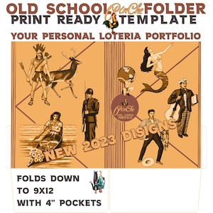 Puede incluir: Plantilla de carpeta lista para imprimir con un diseño vintage. La carpeta presenta ilustraciones de varias figuras, incluyendo un nativo americano, un ciervo, un soldado y una sirena. El texto incluye "OLD SCHOOL", "PRINT READY" y "YOUR PERSONAL LOTERIA PORTFOLIO".