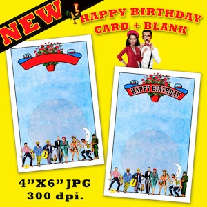 May include: A printable happy birthday card with a blue background, a red banner with the text "HAPPY BIRTHDAY", and a group of cartoon characters. The card is 4 inches by 6 inches and 300 dpi.