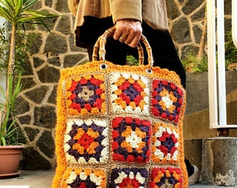 Borsa uncinetto granny square crochet lana arancione viola con manici in bambù wool bag fatta a mano foderata internamente