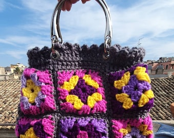 Borsa uncinetto granny square crochet bag manici in metallo color argento fatta a mano artigianale fodera interna bag wool