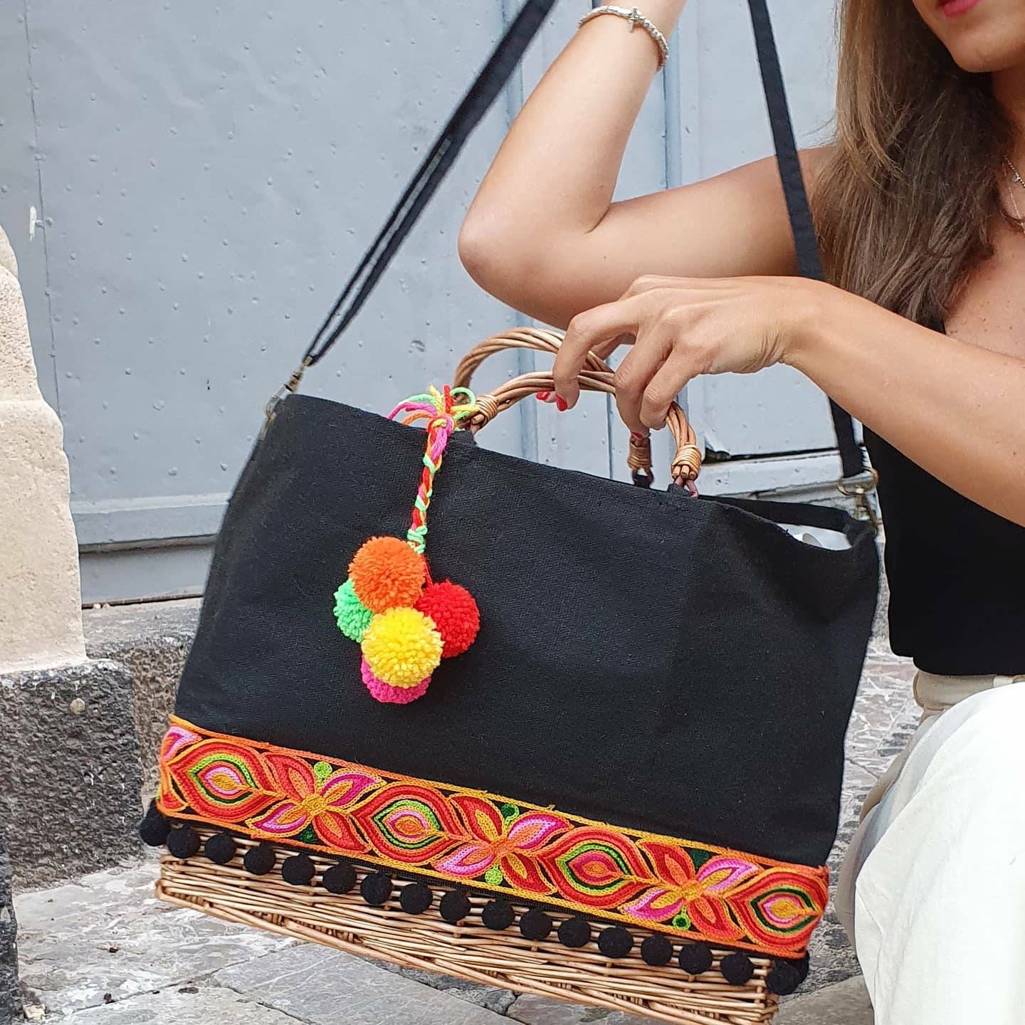 Borsa Con Manici in Vimini Bag Passamaneria Siciliana Pon Pon Lana