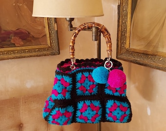 Borsa uncinetto crochet bag manico in bambù marrone fucsia turchese