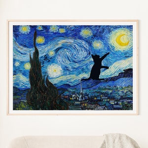 May include: A black cat silhouette jumps towards a crescent moon in a starry night sky, reminiscent of Vincent van Gogh's "Starry Night" painting. The sky is a swirling blue with yellow stars and a white moon.