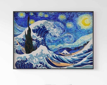 Van Gogh Print, Van Gogh Art Print, Starry Night and the Great Wave mash up, Modern Art Print, Hokusai Wall Art Poster Print  Sizes A2 A3 A4