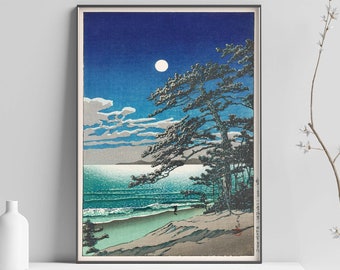 Vintage Japanese woodblock Print, Kawase Hasui Art Print, Japanese Print, Vintage Japanese Art, Moon, Wall Art Poster Print - Sizes A2/A3/A4