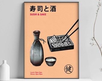 Sushi Poster, Food Print, Modern Kitchen Decor, Illustration, Japanese, Food, Chef Print, Bar Art, Sushi, Sake, Japanese Print, Wall Art