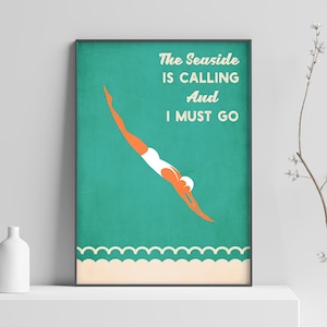 The Seaside is Calling Poster, Swimming Art Print, Diver Art Print, Diver Poster, Art Deco,  Gift - Wall Art Poster Print - Sizes A2/A3/A4