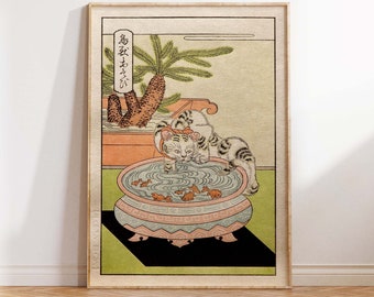 Impressão de arte japonesa de gato e tigela de pesca Arte de gato japonês Arte japonesa vintage Arte de gato japonês Impressão de arte de parede Tamanhos A2 A3 A4