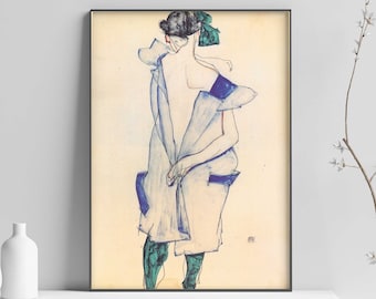 May include: A black and white line drawing of a person in a white robe with blue accents. The person is standing with their back to the viewer and their hands are clasped in front of them. The drawing is on a cream-colored background.