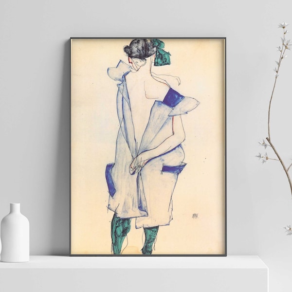 Vue arrière d'une fille en jupe bleue, affiche Egon Schiele, impression d'art Egon Schiele, impression Schiele, impression d'affiche d'art mural Schiele tailles A2/A3/A4