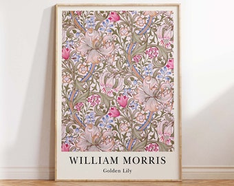 May include: A framed print of a floral pattern with pink, blue, and green colors. The print is titled "WILLIAM MORRIS Golden Lily".