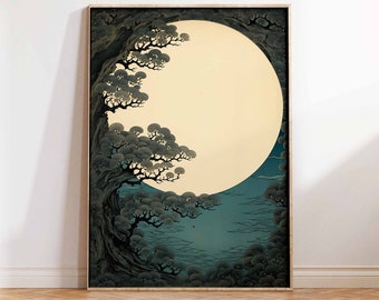 May include: A framed print of a Japanese-style illustration depicting a large, full moon rising over a dark blue sea. The moon is partially obscured by a dark green tree with branches reaching up towards the moon.