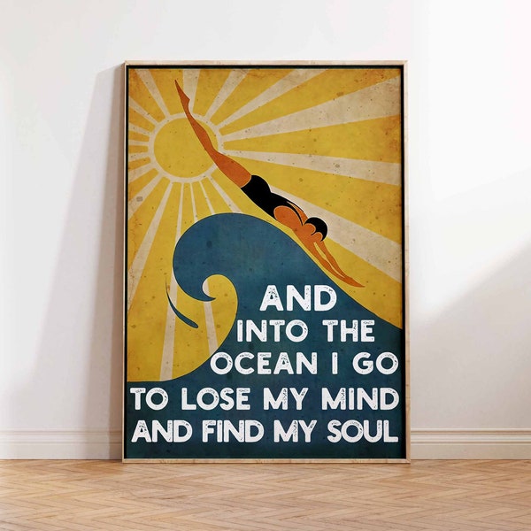 Vintage ad poster - Swimming poster inspired  by Gert Sellheim Art - Into The Ocean I Go - Gift Idea - Wall Art Poster Print Sizes A2/A3/A4