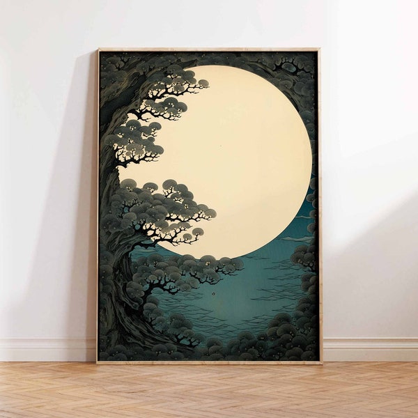 Moon Illustration Print, Japanese Art Print, Vintage Moon Print, Vintage Moon Print, Moon Art, Moon Wall Art Poster Print, Sizes A2 A3 A4