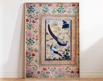 Vintage Peafowl Print Traditional Persian Mughal Miniature Art Antique Bird Art Print Mansur Peafowl Wall Art Poster Print - Sizes A2 A3 A4