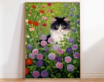 Gustav Klimt Cottage Garden Cat Poster, Cat Print, Cat Art, Floral Print, Funny Cat Print, Gift Klimt Wall Art Poster Print Sizes A2 A3 A4