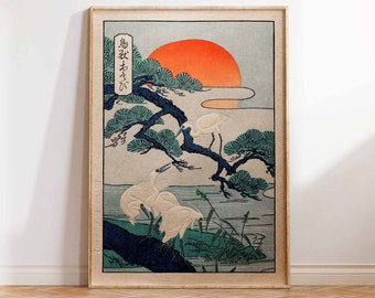 Cranes at Sunrise Print, Japanese Art Print, Japanese Print, Vintage Japanese Art, Japanese Crane, Japan Wall Art Poster Print Sizes A2A3A4